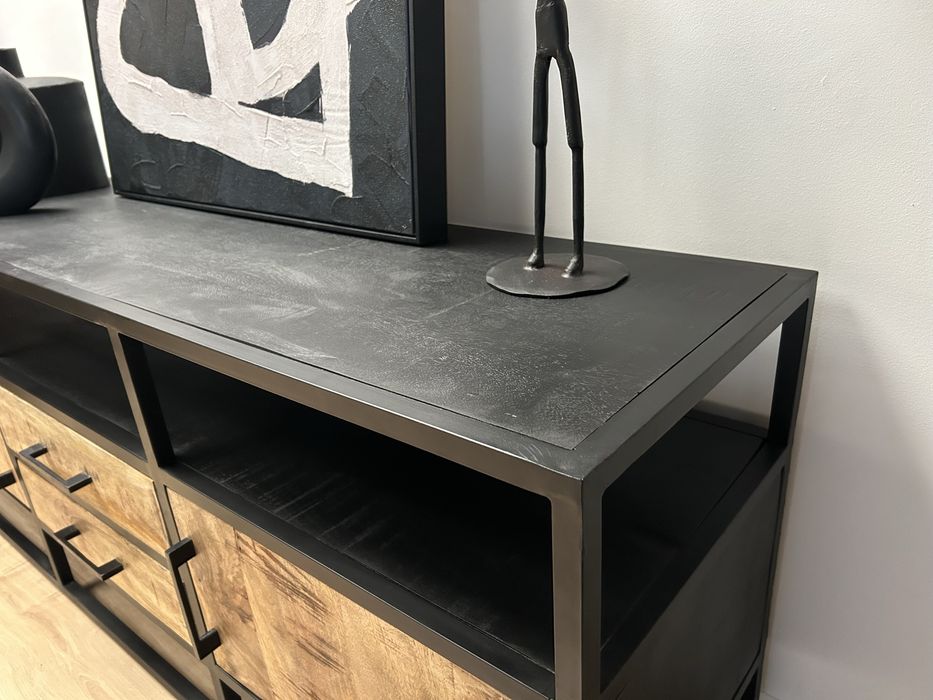 Komoda LOFT drewniana mango metal czarna szafka rtv pod tv NOWA