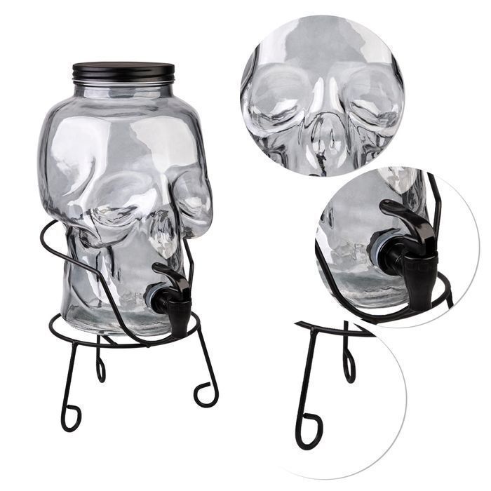 Słój szklany 5L - CZASZKA CIEMNA + stojak + kranik plastikowy