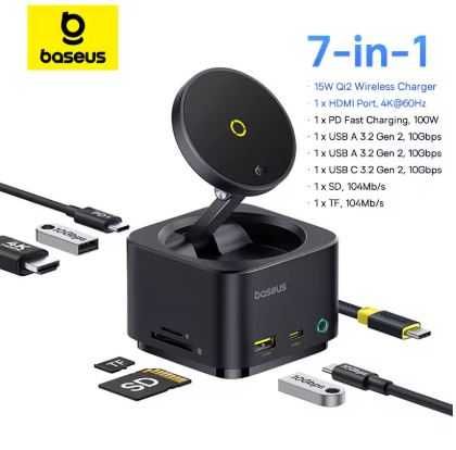 Беспроводное устройство Baseus MagPro II 7-in-1 USB-C Hub with 15W Qi2