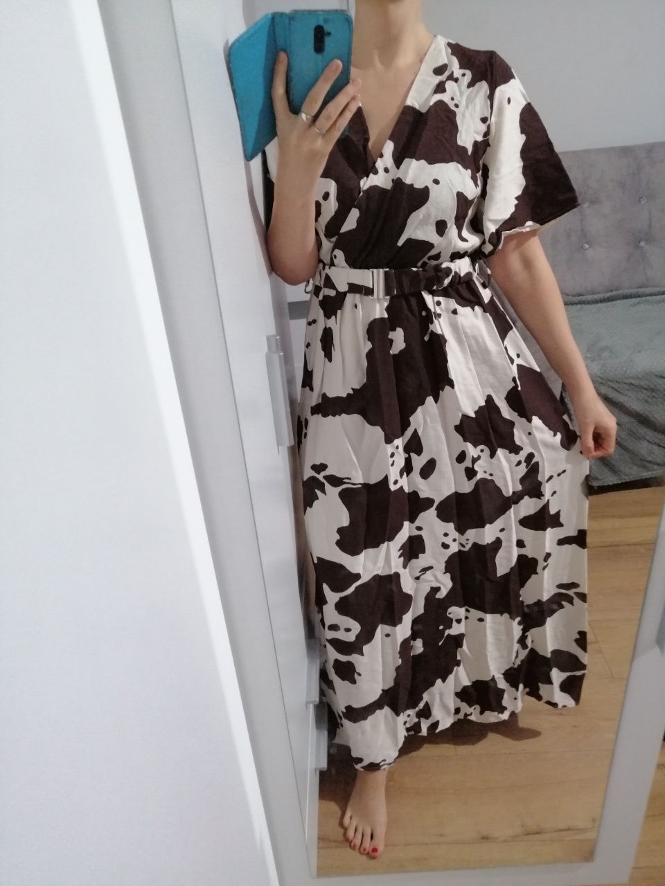 Sukienka długa maxi krówka brązowa beżowa dekolt v m L xl