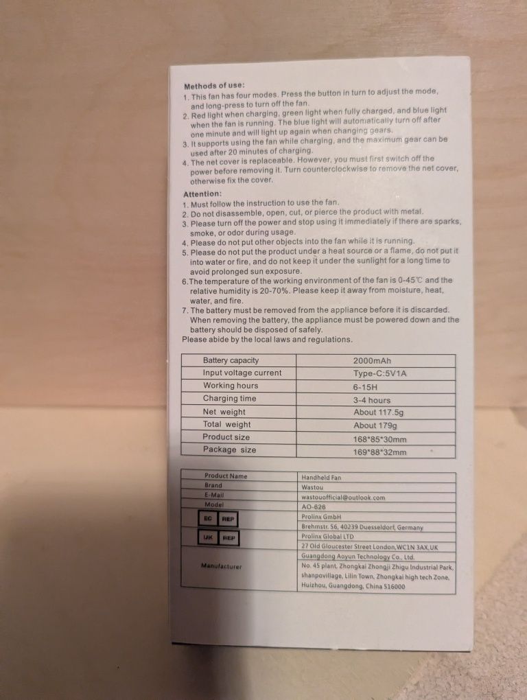 Wentylator przenośny USB 2000 mAh 4 prędkości