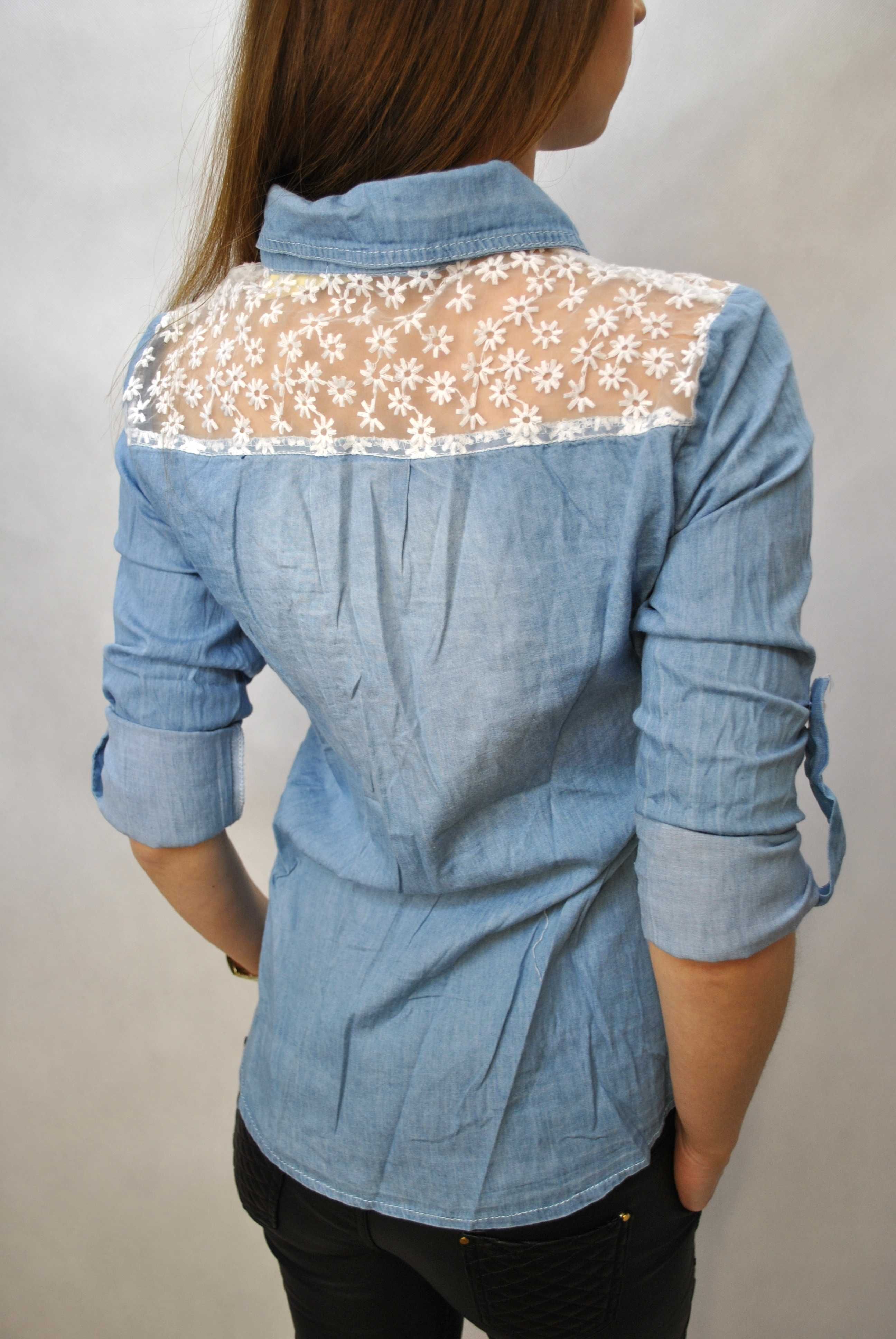 Jeansowa koszula z koronką kwiaty wiosna wiosenna 36 S