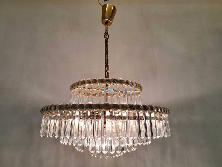 Żyrandol mosiężny kryształowy złoty 5 poziomowy, kryształki szklane