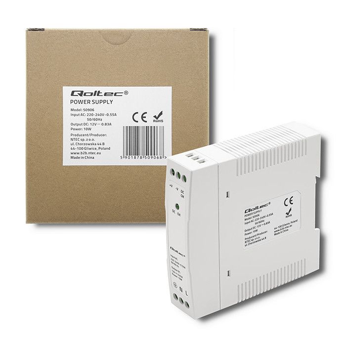 Zasilacz na szynę DIN 12V 10W 0.83A aktywny sygnał DC Qoltec 50906