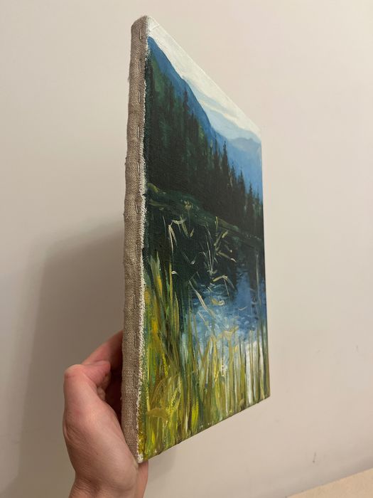 Widok,natura, trawy i woda, odbicie lustrzane, obraz olejny, góry.