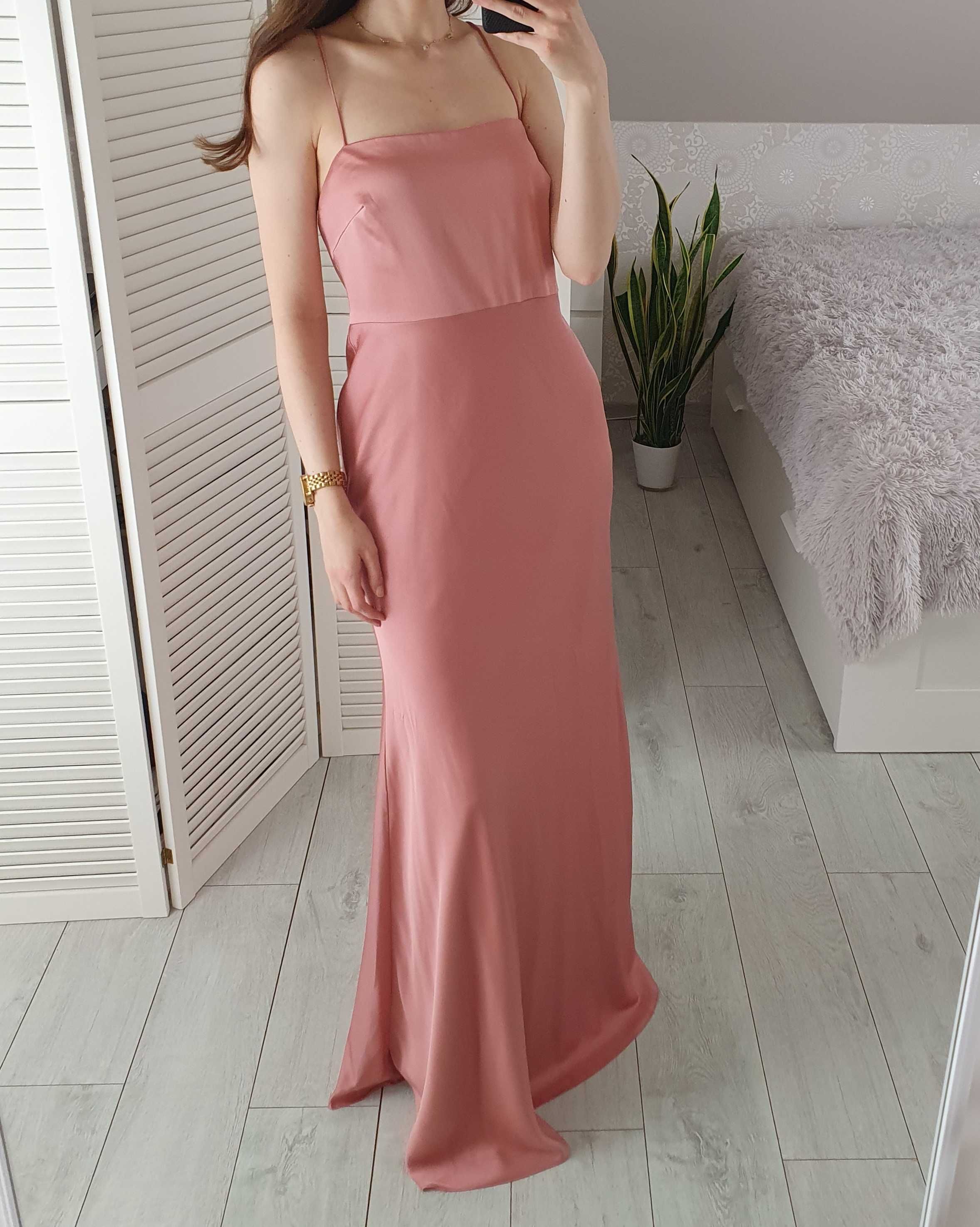 Asos 40 L pudrowa różowa sukienka satynowa maxi na ramiączkach