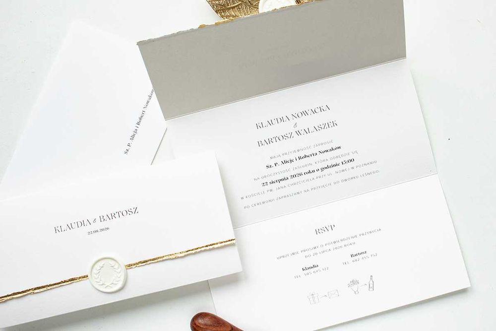 Zaproszenia ślubne, złote, złocone, białe, minimalistyczne