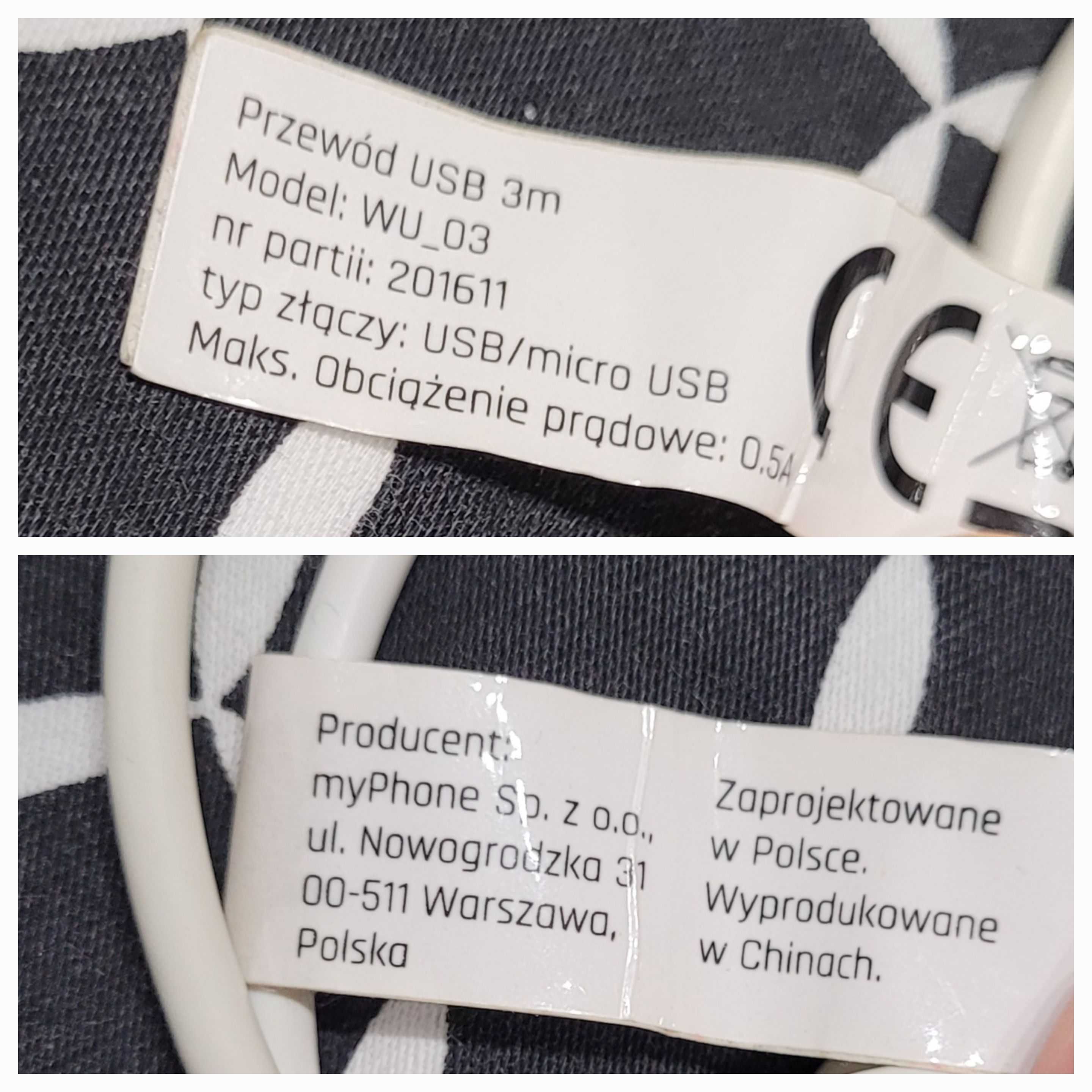 Przewód USB / Mikro USB 3m - NOWY !!!