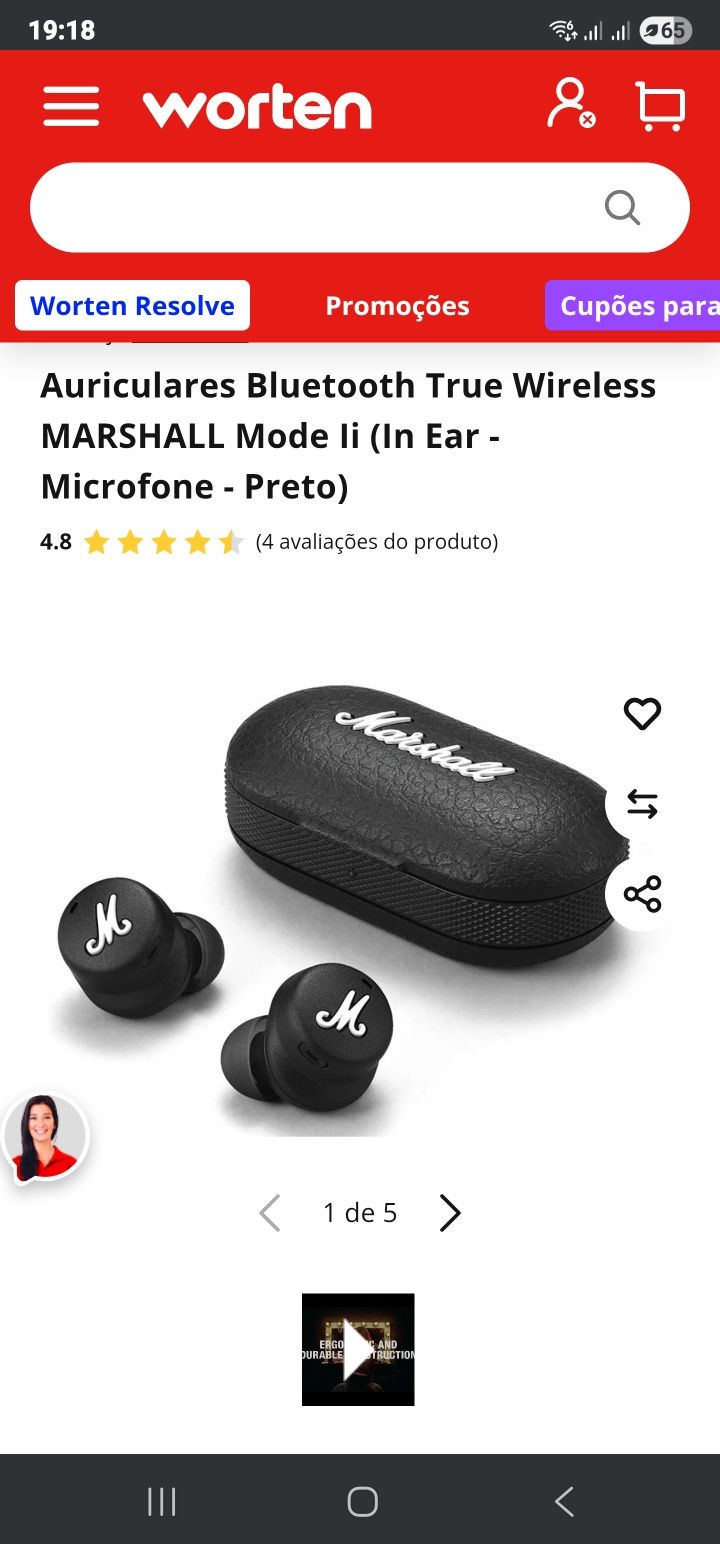 Earphones Marshall Mode 2 na caixa