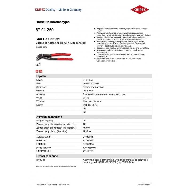KNIPEX Szczypce do rur COBRA 250mm Szybka Wysyłka SKLEP