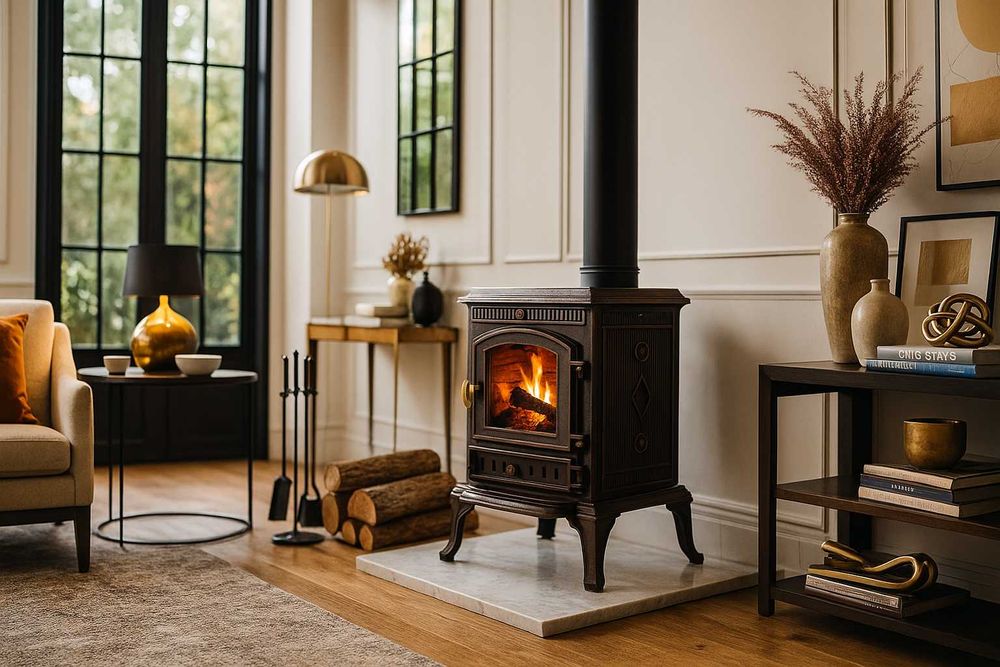 Piec żeliwny piecyk koza kominek ATENA 8,3KW MIEDZIANY ZŁOTY