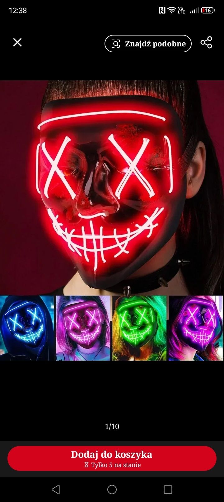 Maska LED Helloween czerwona.
