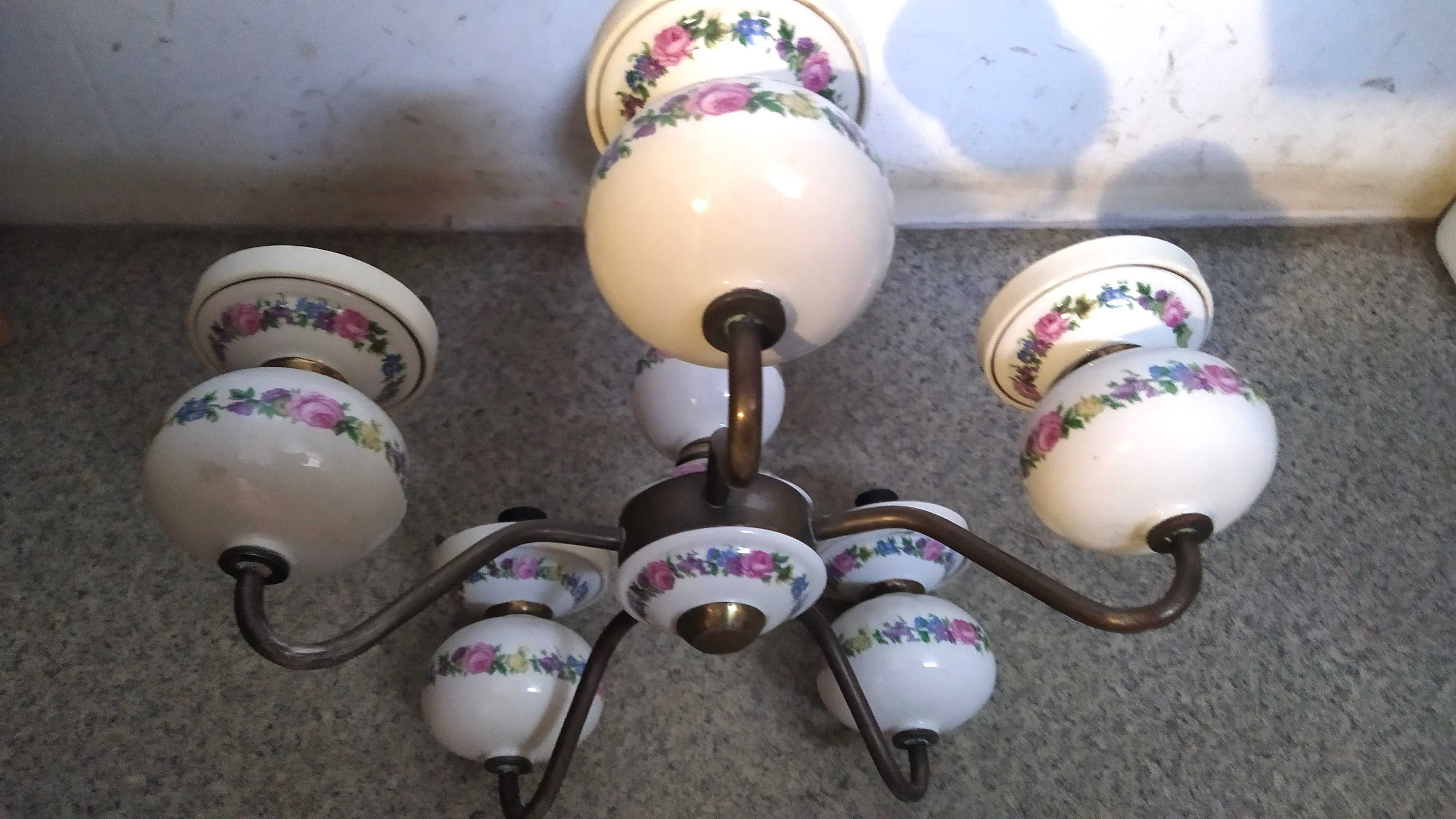 Żyrandol pięcioramienny ceramiczny malowany ręcznie PRL lampa