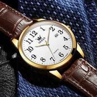 Zegarek męski kwarcowy Olevs złoty brązowy pasek biała tarcza datownik