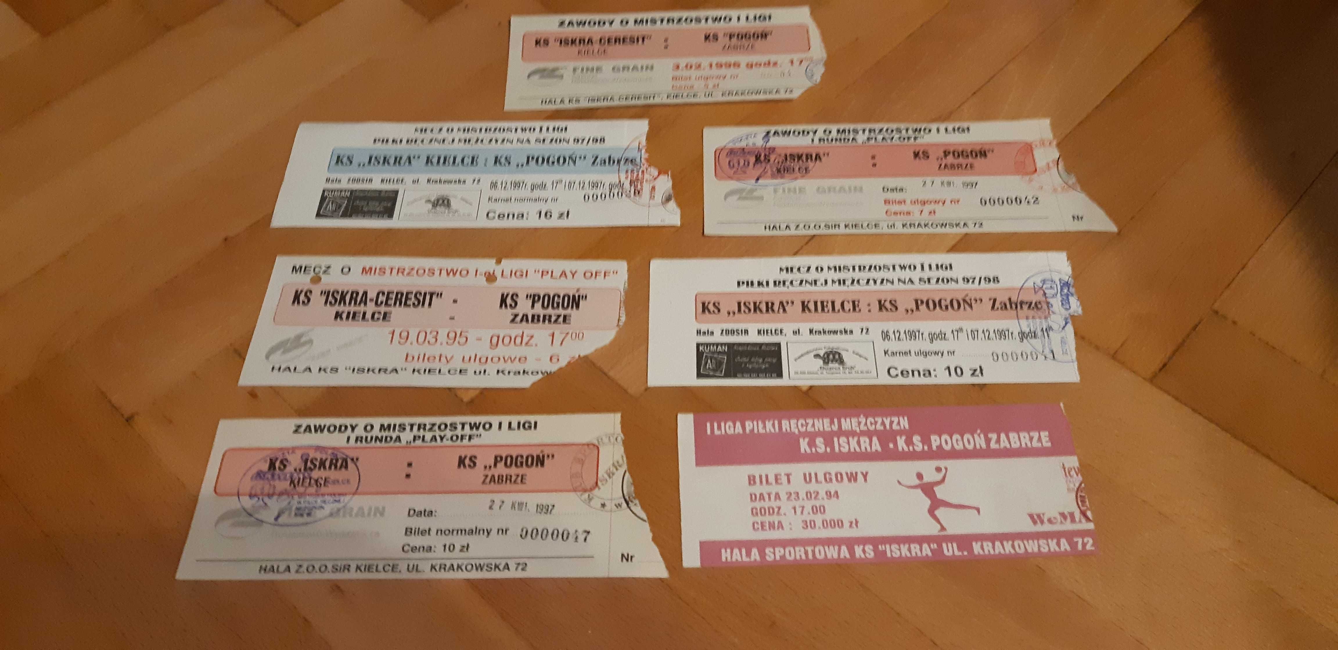 zestaw 7 biletów Iskra Kielce -Pogoń Zabrze 1994do 1997 piłka ręczna