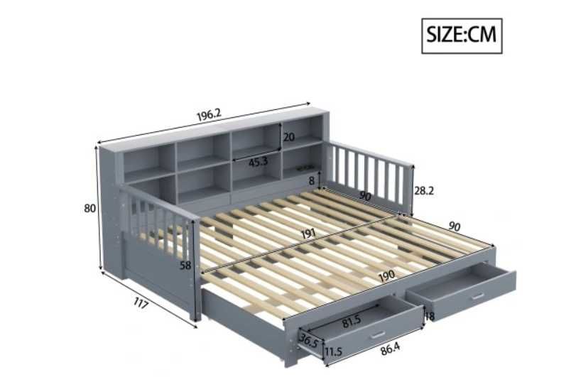 Sofa z łóżkiem Łóżko wysuwane 90/180x190cm 2szuflady/USB szare