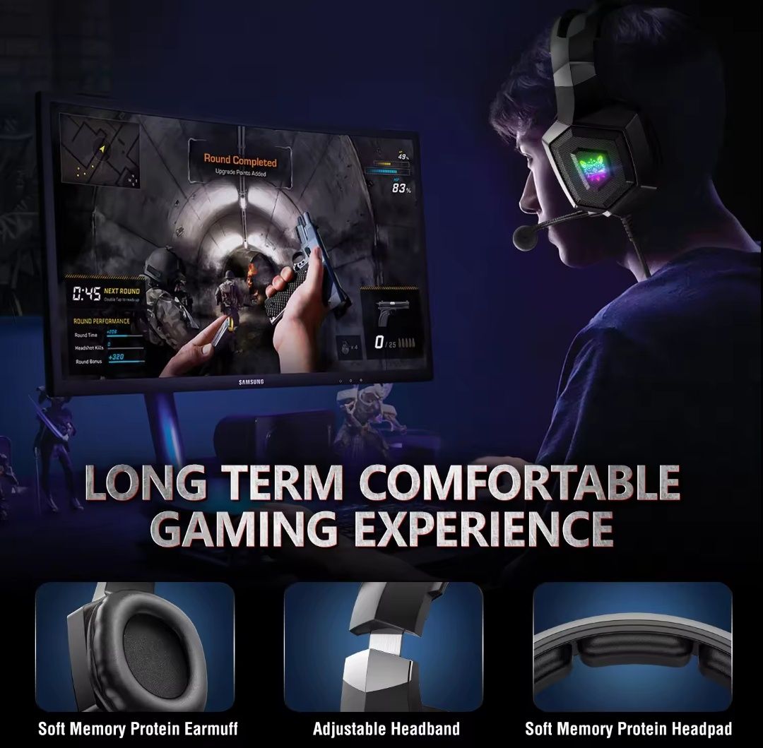 ONIKUMA K8 Fones gamer com microfone HD flexível RGB Light Surround