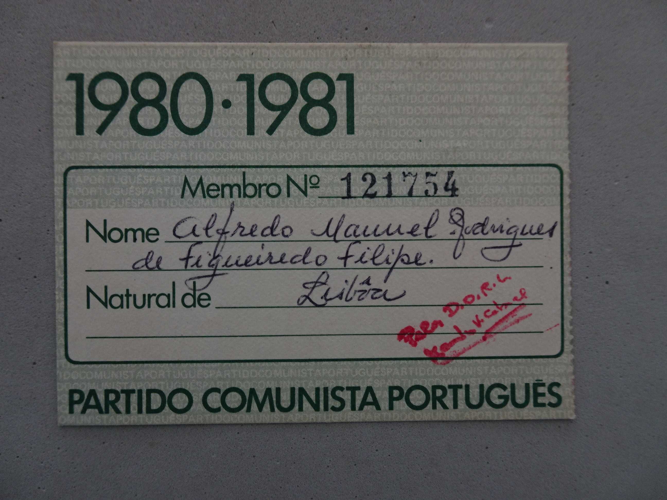 Cartão de membro do PCP 1980/1981 Partido Comunista Português