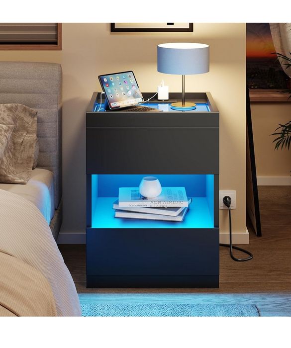 Stolik nocny ze stacją ładującą i lampkami LED, stolik nocny