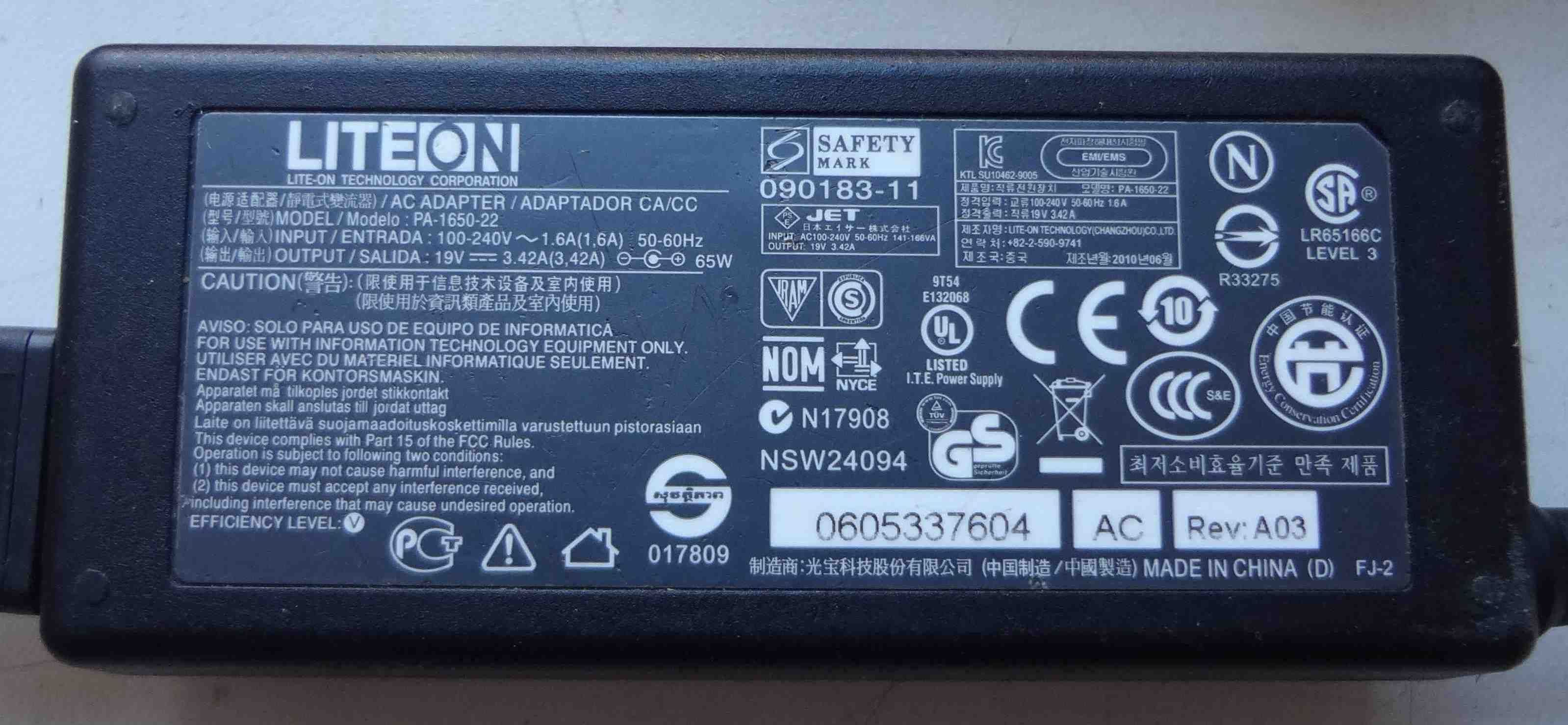 Блок питания для ноутбука Liteon 19V 3,42A PA-1650-22 зарядка