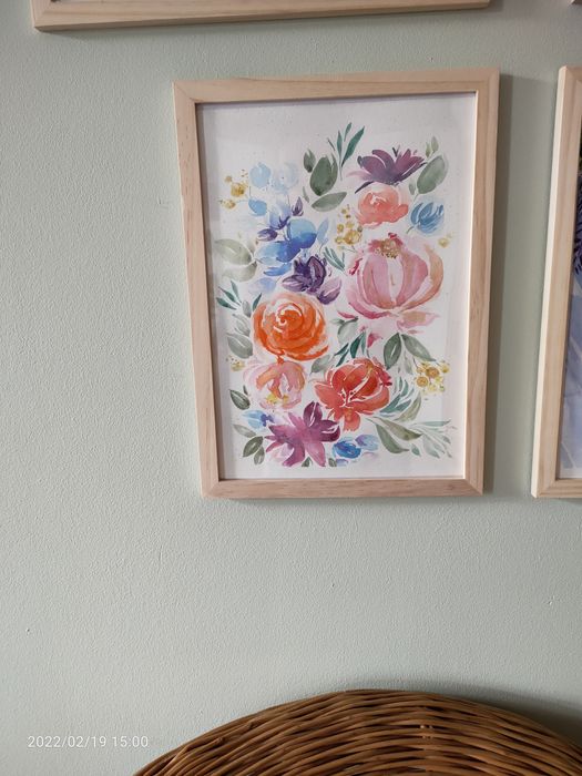 Akwarela pastelowe kwiaty drewniana ramka