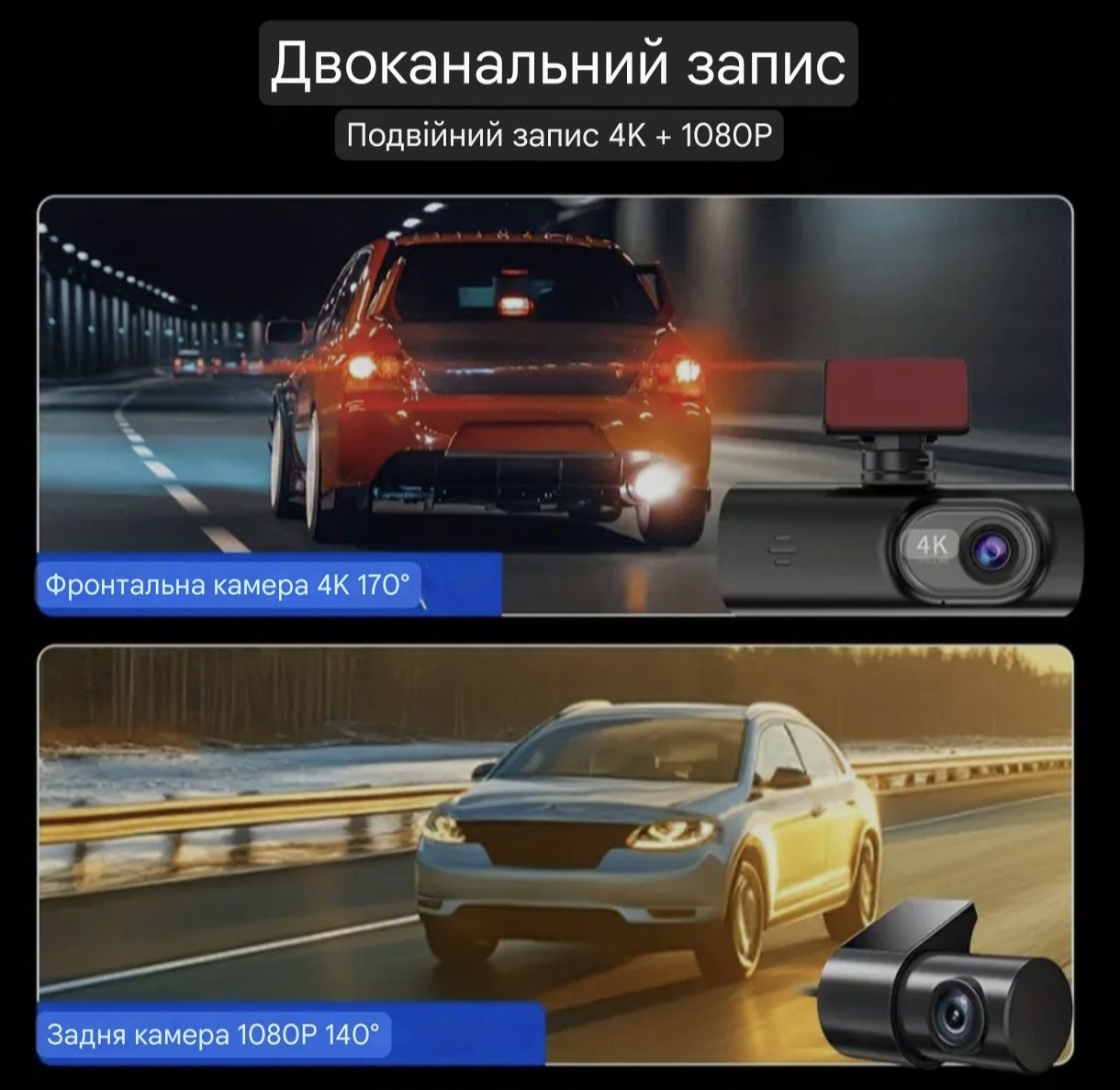 ТОП! Відеореєстратор 4К з IPS дисплеєм та двома камерами + карта 64 Gb