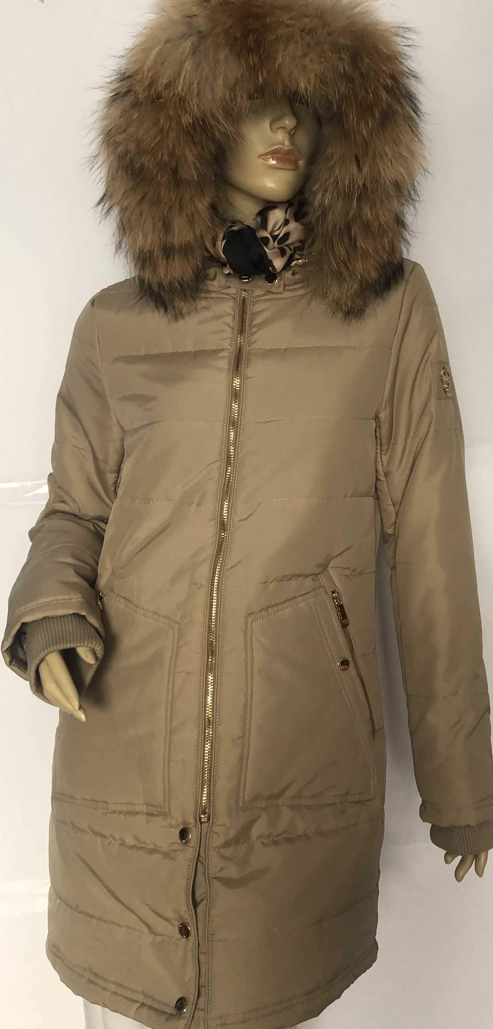 JAYLOUCY płaszcz,parka, kaptur z natural, jenotem złote zamki M