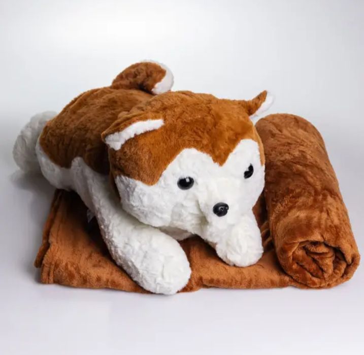 Іграшка-подушка Хаскі з пледом 100*180 см. Игрушка-подушка Хаски. Флис