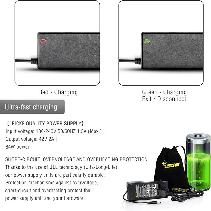 LEICKE Ładowarka do skuterów elektrycznych 42 V/36 V, 2 A, 84 W