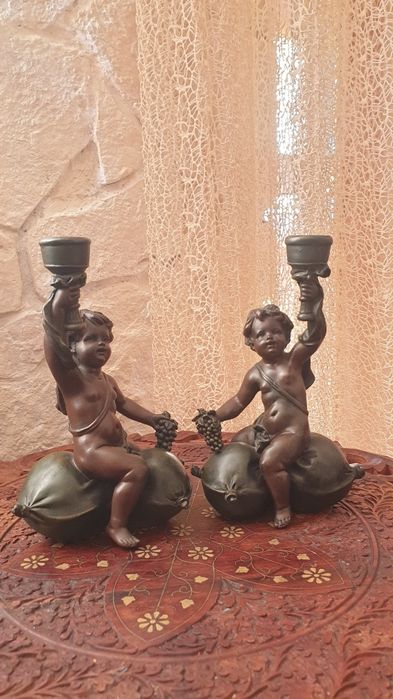 Zestaw 2 świeczników antyk odlew brązu i mosiądzu aniołki podpórki hit