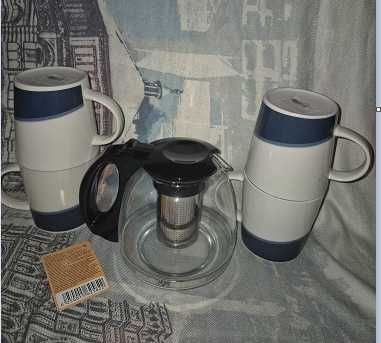 великі фарфорові чашки до 500 мл  з скляним чайником 1100 мл- набір