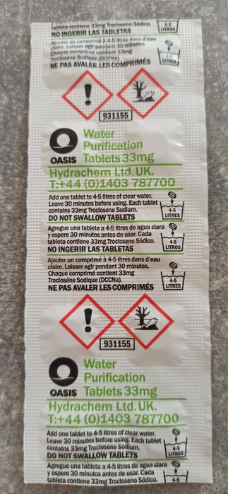 Таблетки для обеззараживания воды Oasis. Таблетка на 10 литров воды.