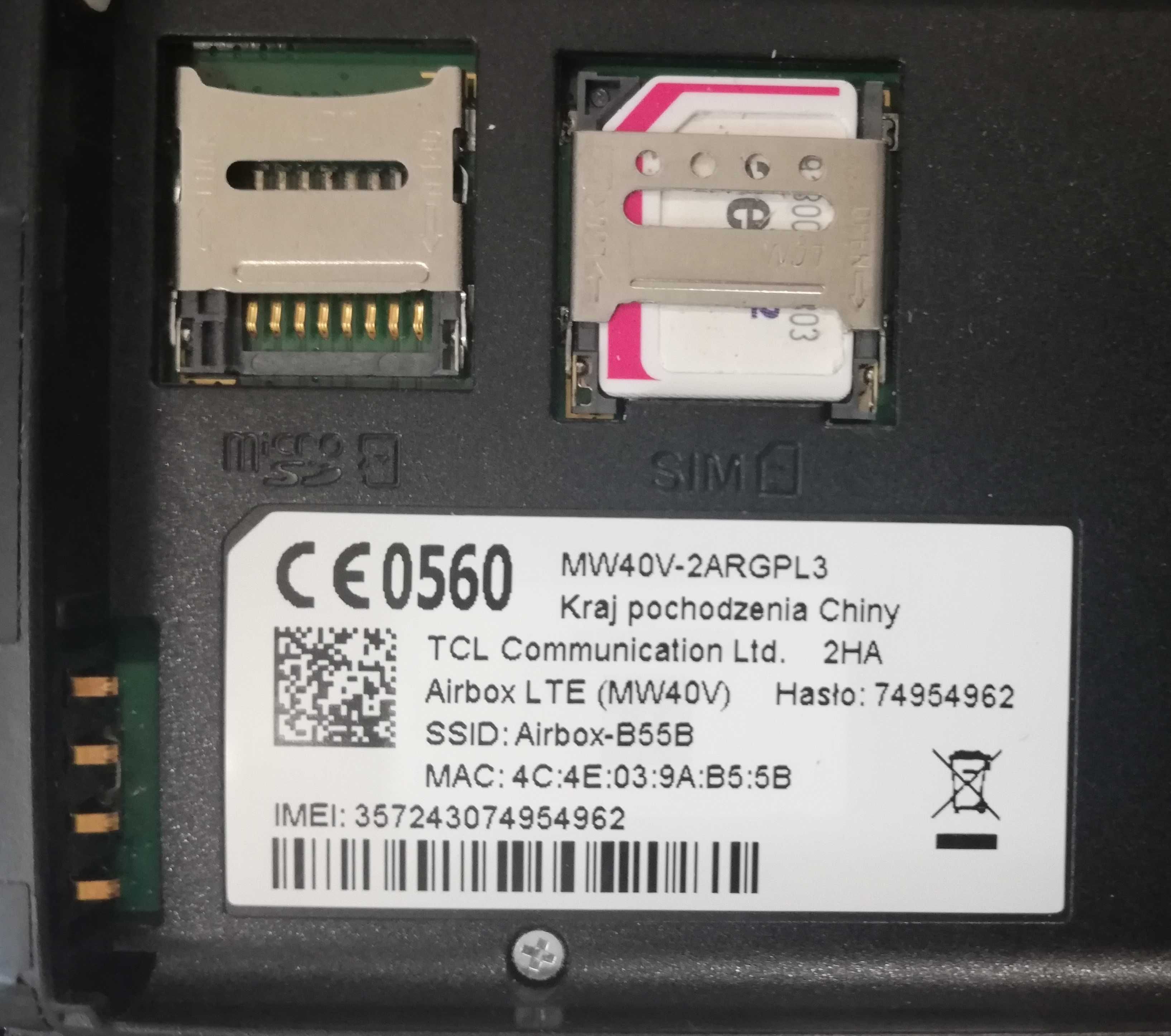 Kieszonkowy router LTE/WiFi  Alcatel Airbox MV40V na kartę SIM.