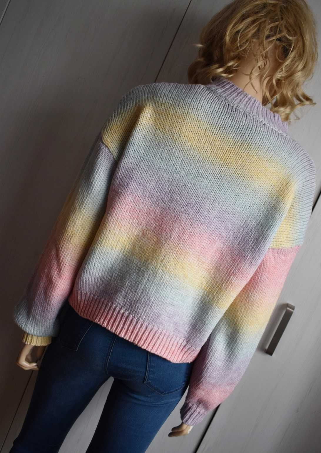 Sweter 38 M tęczowy kolorowy krótki oversize luźny dzianinowy oversizo