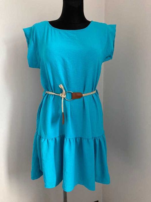 Damska sukienka prosta niebieska włoska z paskiem one size