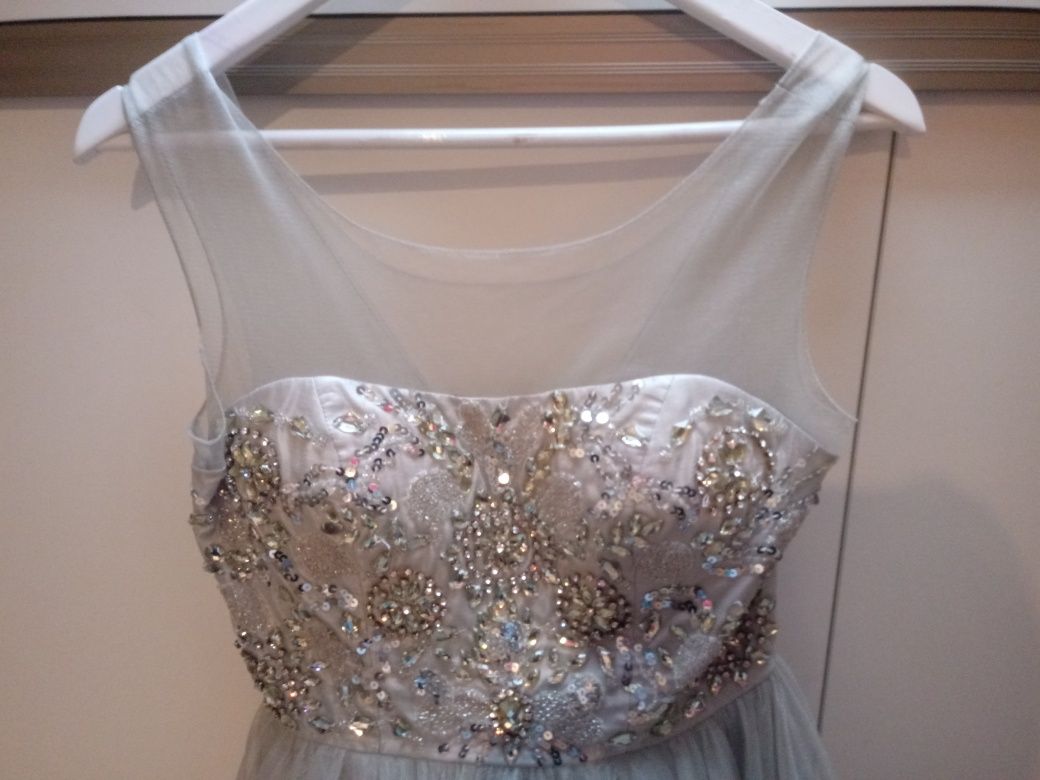 Sukienka Forever Unique ASOS srebrna szara tiul kryształki r.36