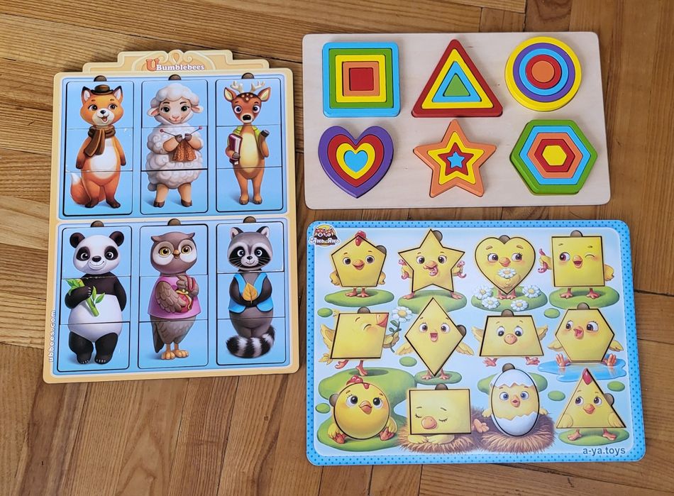 Дерев'яні розвиваючі іграшки, головоломки, конструктор, пазли, вкладки