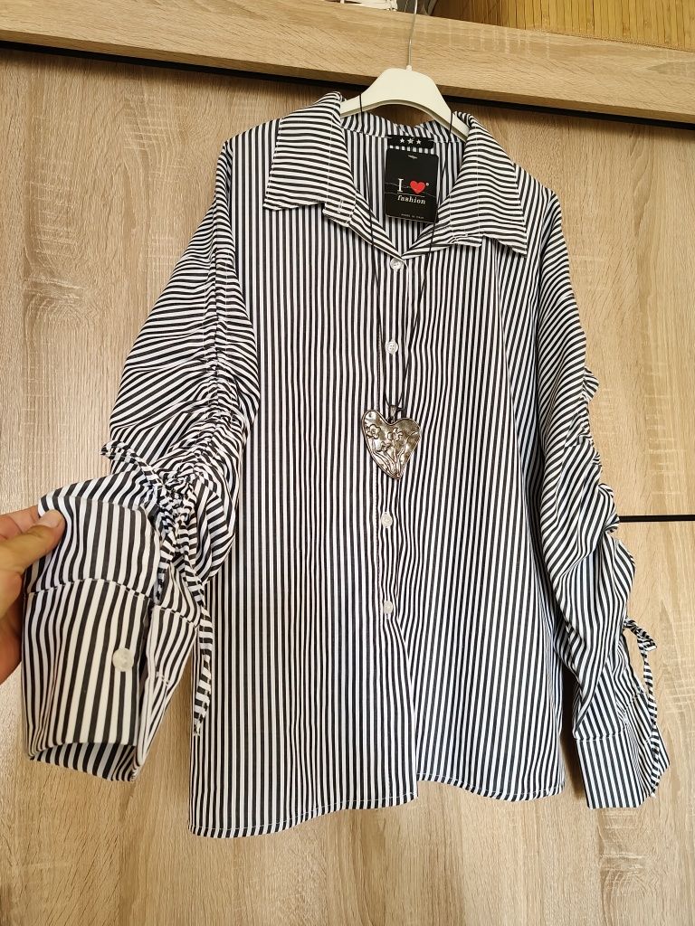 Koszula guziki paski 42 44 Plus size wiązanie kołnierzyk