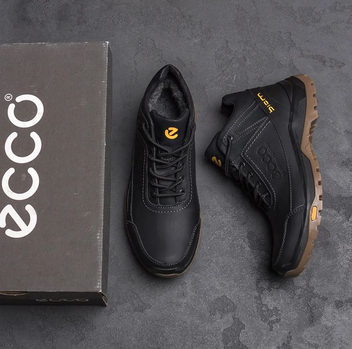 Чоловічі зимові черевики ecco, теплі шкіряні чорні ботінки на зиму