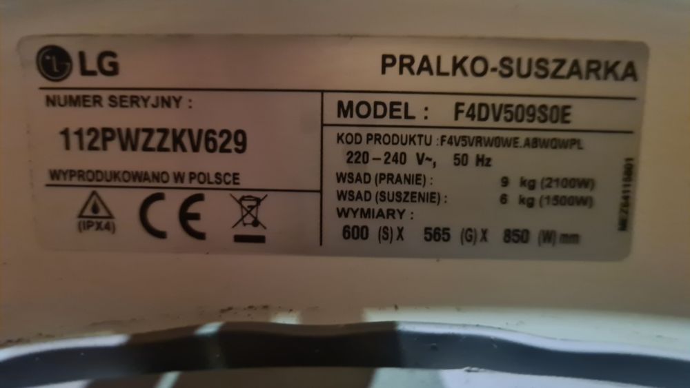 Pralka suszarka LG F4DV509S0E na części.