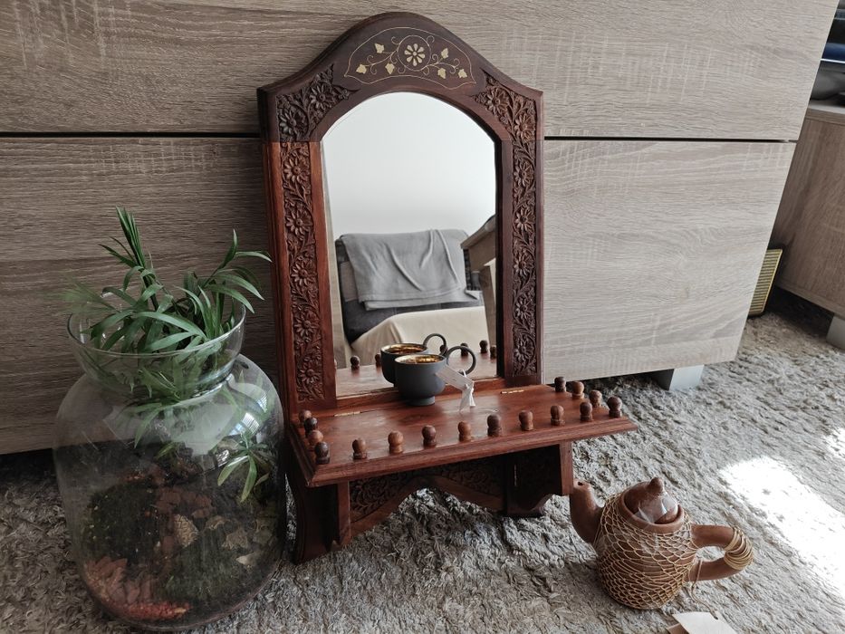 Lustro drewniane etniczne z Indii antyk vintage