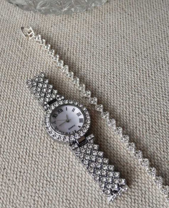 Zestaw komplet zegarek i bransoletka cyrkonie dżeciki srebrny