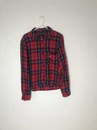 Krótka czerwona koszula w kratę granatowa Zara kraciasta jesień