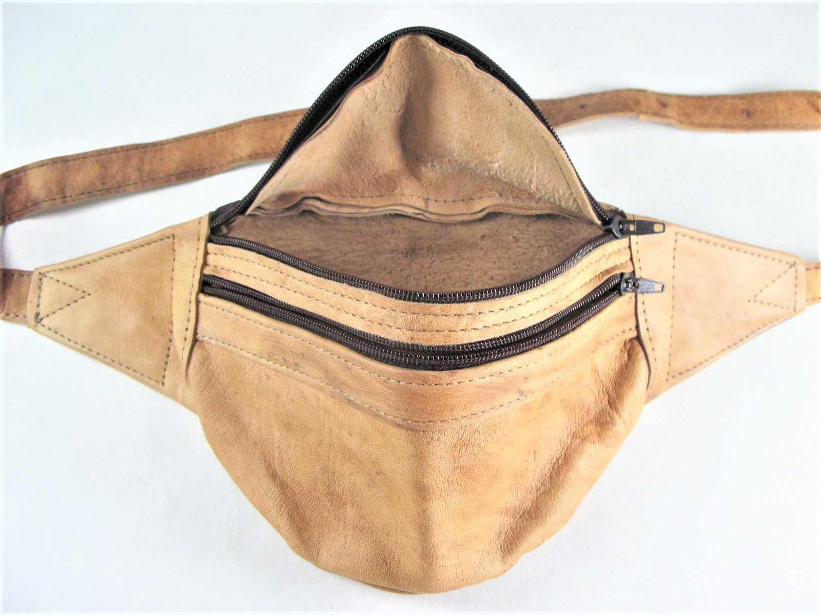 Bolsa de cintura castanha em pele marroquina, , estilo vintage boho