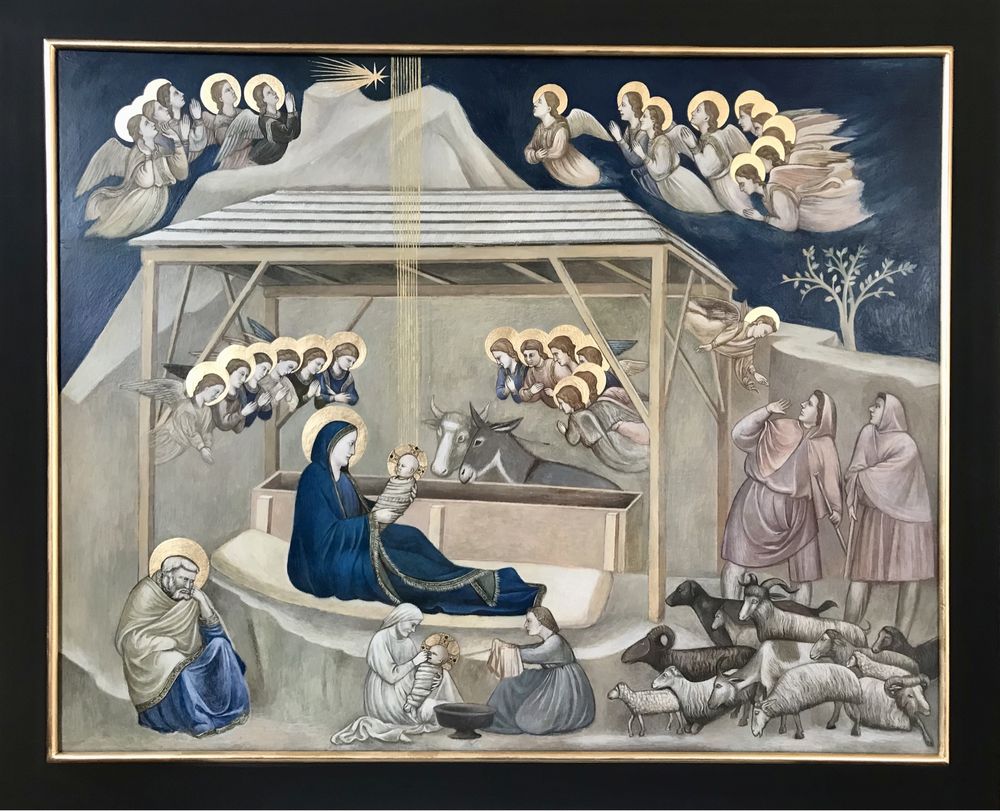 Boże narodzenie - obraz na desce.Transpozycja malarska fresku Giotto’a