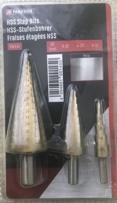 Конусные ступенчатые сверла из ГЕРМАНИИ. Parkside, 3 шт