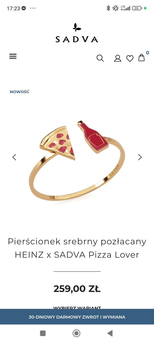 Pierścionek srebrny pozłacany HEINZ x SADVA Pizza Lover