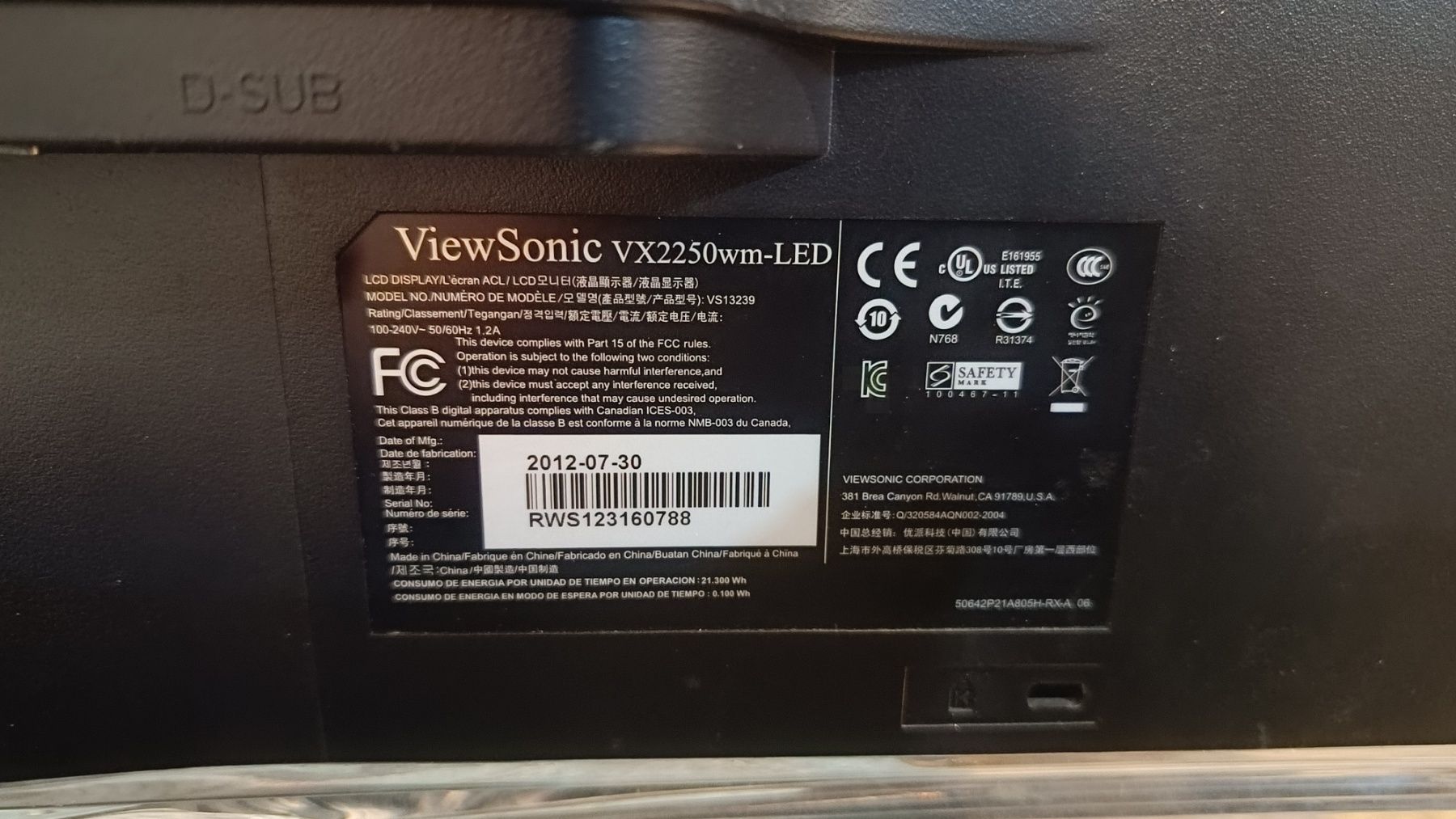Продам монітор ViewSonic VX2250wm-LED