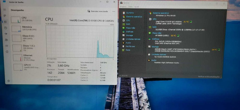 Pç DELL 3060 8ªG.|i3.8100-3.6G|16G|HDMI|NVMe256+HD500|5G+BT|TPM2.0|W11