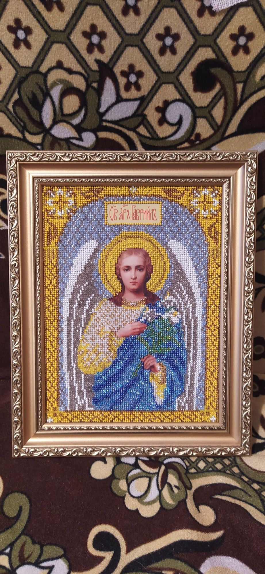 Икона "Св.Архангел Гавриил" вышитая бисером, ручная работа.